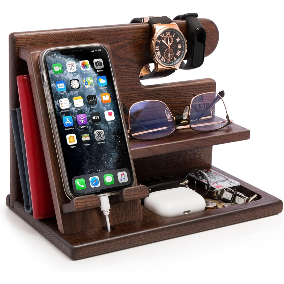 Gifts for Men Wood Phone Docking Station Fathers Gift Nightstand Desk Organizer Gifts for dad for him Birthday Anniversary Xmas Gift Antique Br