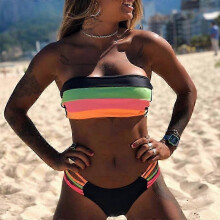 (XL, Striped) Women's Bandeau Push Up Bikini Set Padded Boob Tube Brazilian Swimsuit Swimwear