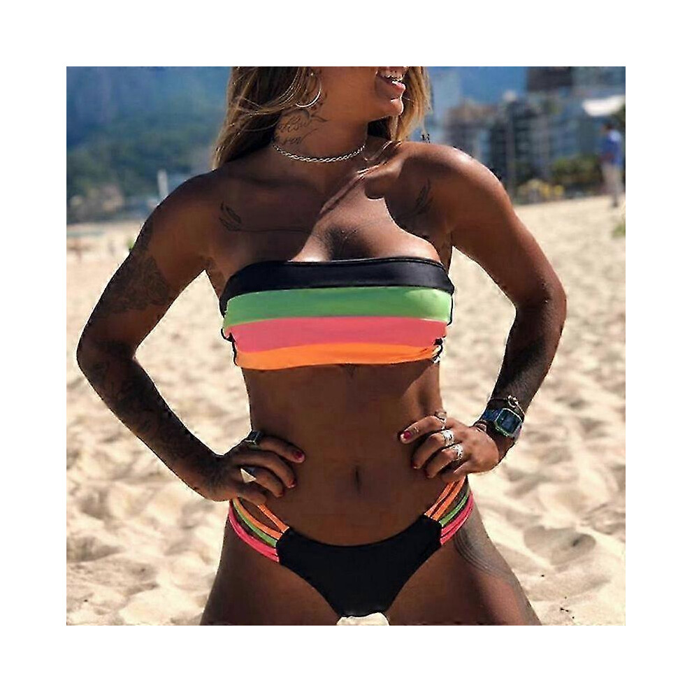 (XL,Striped)Women's Bandeau Push Up Bikini Set Padded Boob Tube Brazilian Swimsuit Swimwear
