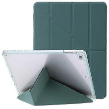 (DarkGreen) Compatible for  Air (2013) / Air 2 / 9.7-inch (2017/2018) Leather & Clear Acrylic Origami Tri-fold Stand Tablet Case