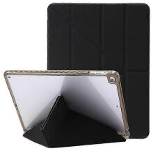(Black) Compatible for  Air (2013) / Air 2 / 9.7-inch (2017/2018) Leather & Clear Acrylic Origami Tri-fold Stand Tablet Case