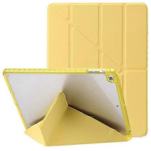 (Yellow) Compatible for  Air (2013) / Air 2 / 9.7-inch (2017/2018) Leather & Clear Acrylic Origami Tri-fold Stand Tablet Case
