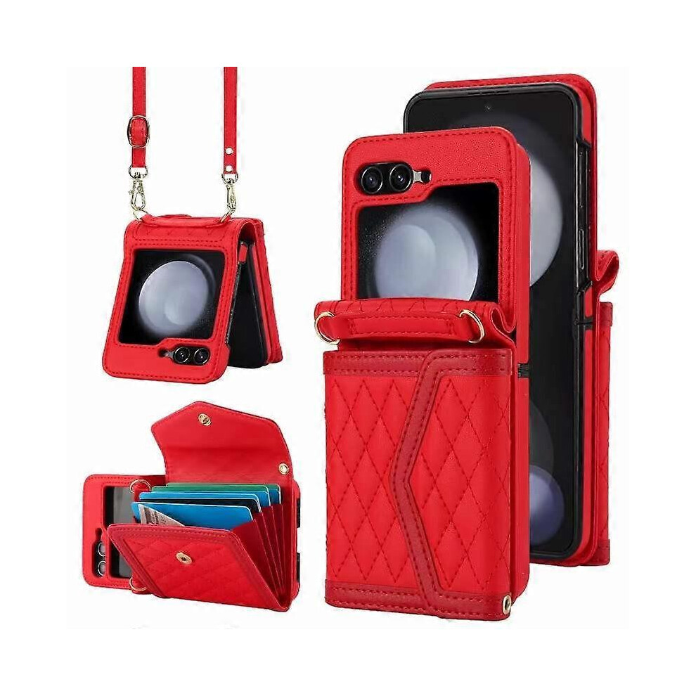 (For Galaxy Z Flip 6,Red)Compatible Samsung Galaxy Z Flip 6 Crossbody Wallet Case, PU Leather Shockproof Cover with 4 Card Slots & Rfid Blocking