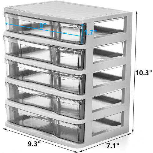 DEAYOU 5 Drawer Desktop Storage Bin Unit, Small Plastic Organizer, White Frame with Clear Drawer, Mini Container Case for Desk, Storing Craft, 2