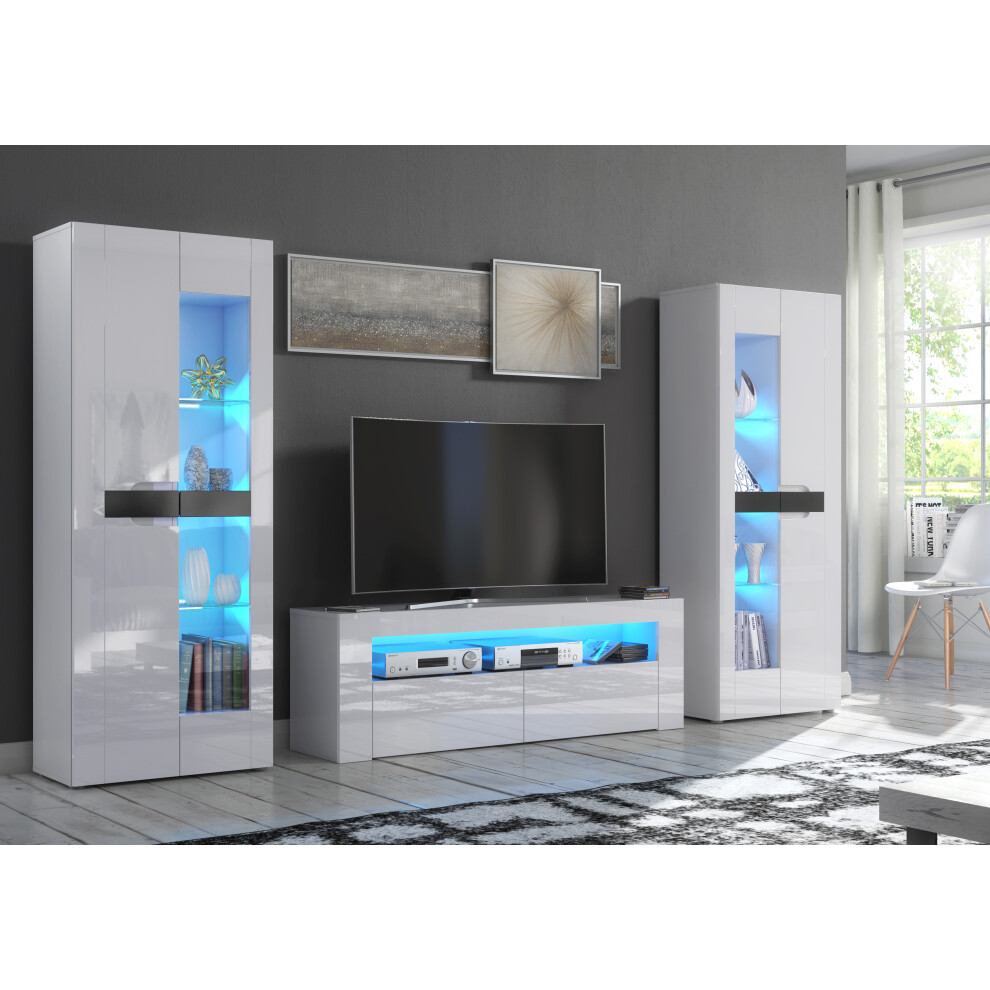 Furneo (Blue Led Lights ) Tv Unit High Gloss &Matt Living Room Set Stand Display Cabinets Led Lights White