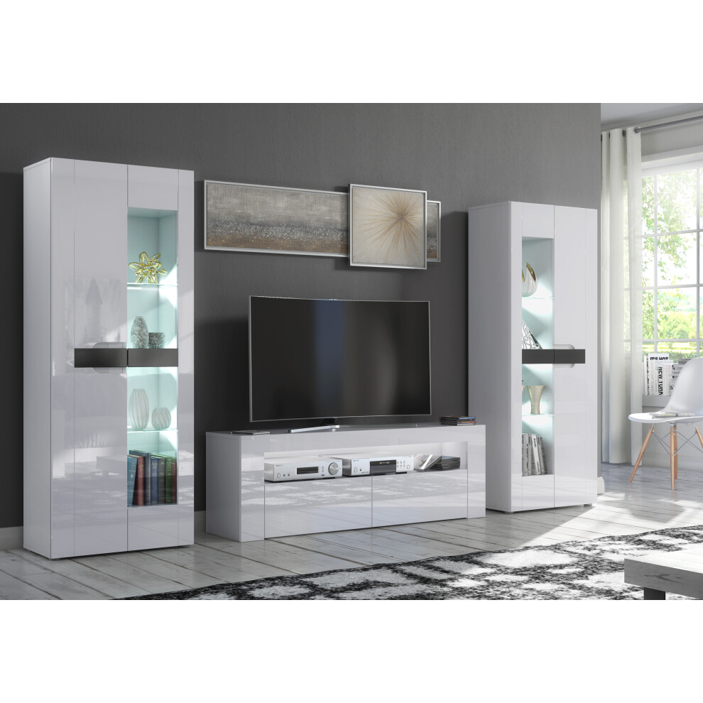 (White LED Lights ) TV Unit White High Gloss &Matt Living Room Set Stand Display Cabinets LED Lights