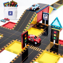 hahaland 62 PCS Magnetic Tiles Road Toppers Set for Kids Ages 3-5, Magnetic Building Blocks with Cars Toys for 3 Year Old Boys and Girls Stem Toys