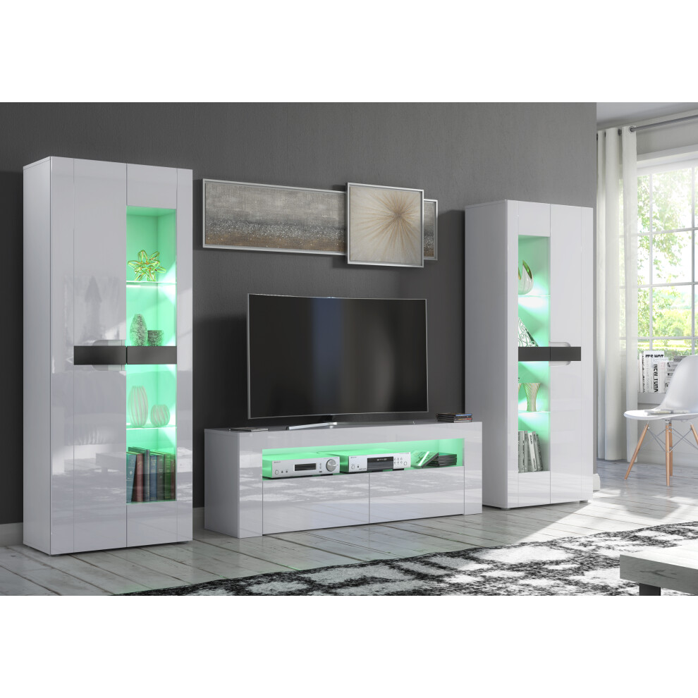 Furneo (Rgb (Multicoloured) Led Lights) Tv Unit High Gloss &Matt Living Room Set Stand Display Cabinets Led Lights White
