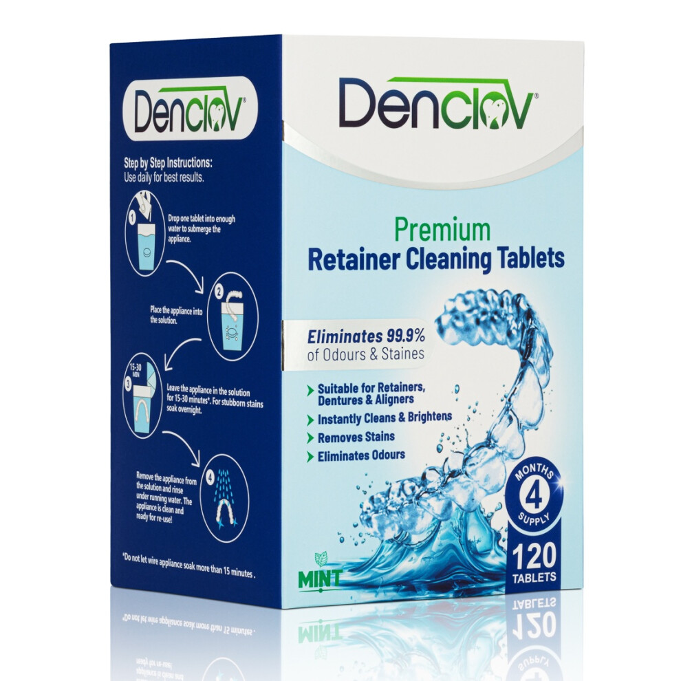 Denclov Retainer Cleaning Tablets, Fresh Brite & Stain-Free, For Invisalign, Aligners, Dentures, Mouth Guard Cleaner - 120 Tablets 4 Month