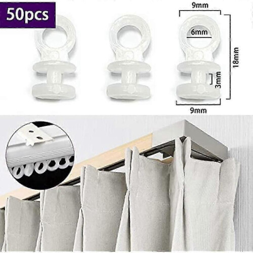 50pcs Curtain Track Slides Pulleys Roller Hooks for 9mm Width Curtain Track 9mm Bottom Diameter White Plastic 1