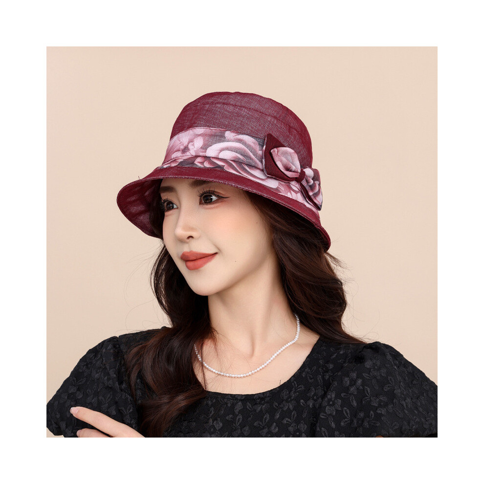 (Burgundy)Chapeau de soleil été femme noeud décoration extérieur chapeau de pêcheur parasol respirant