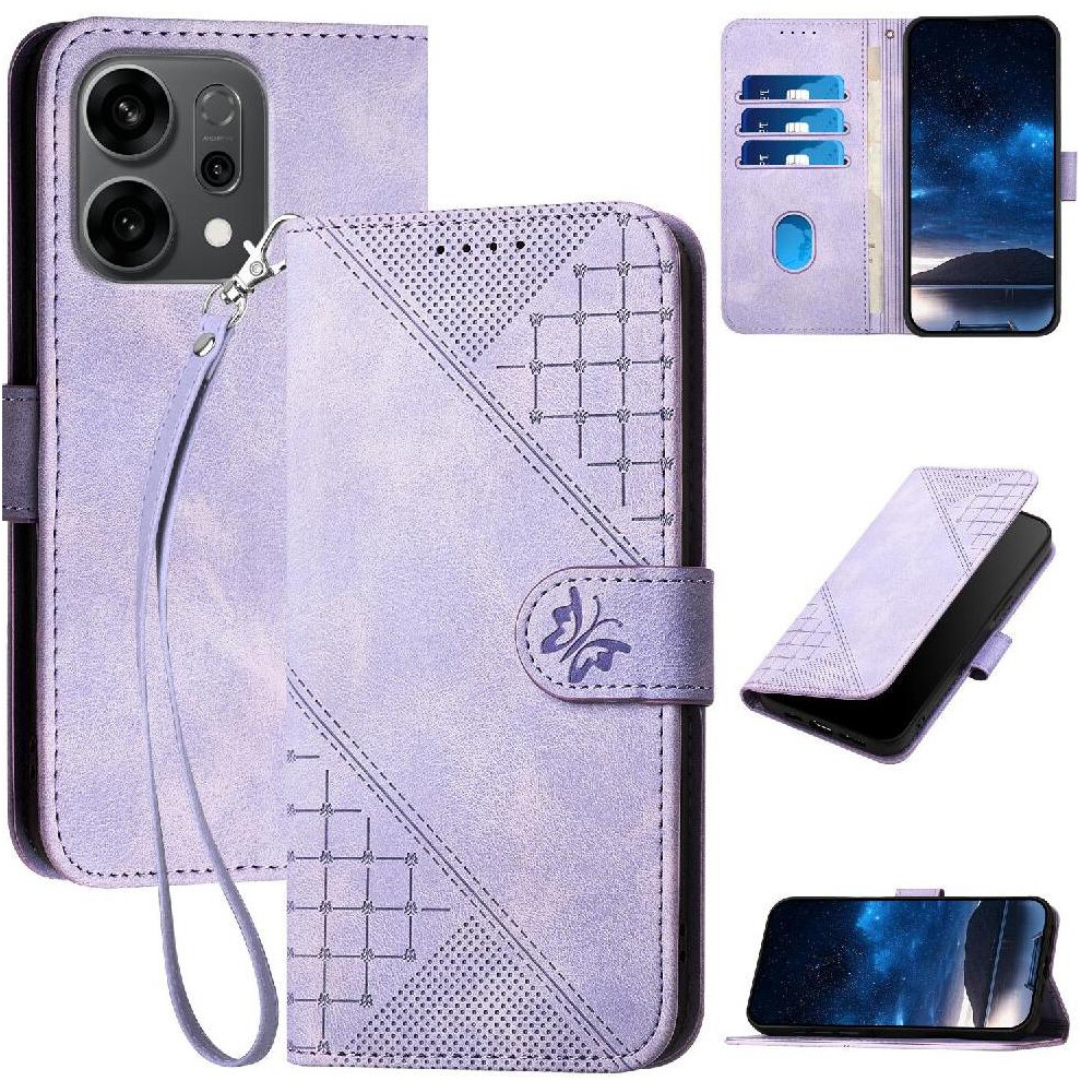 ( Violet) Flip Case For Oppo Reno 14 5G With Detachable Hand Strap High Quality Leather Phone Case Embossed Butterfly And Credit Card Slot Light 764563616312