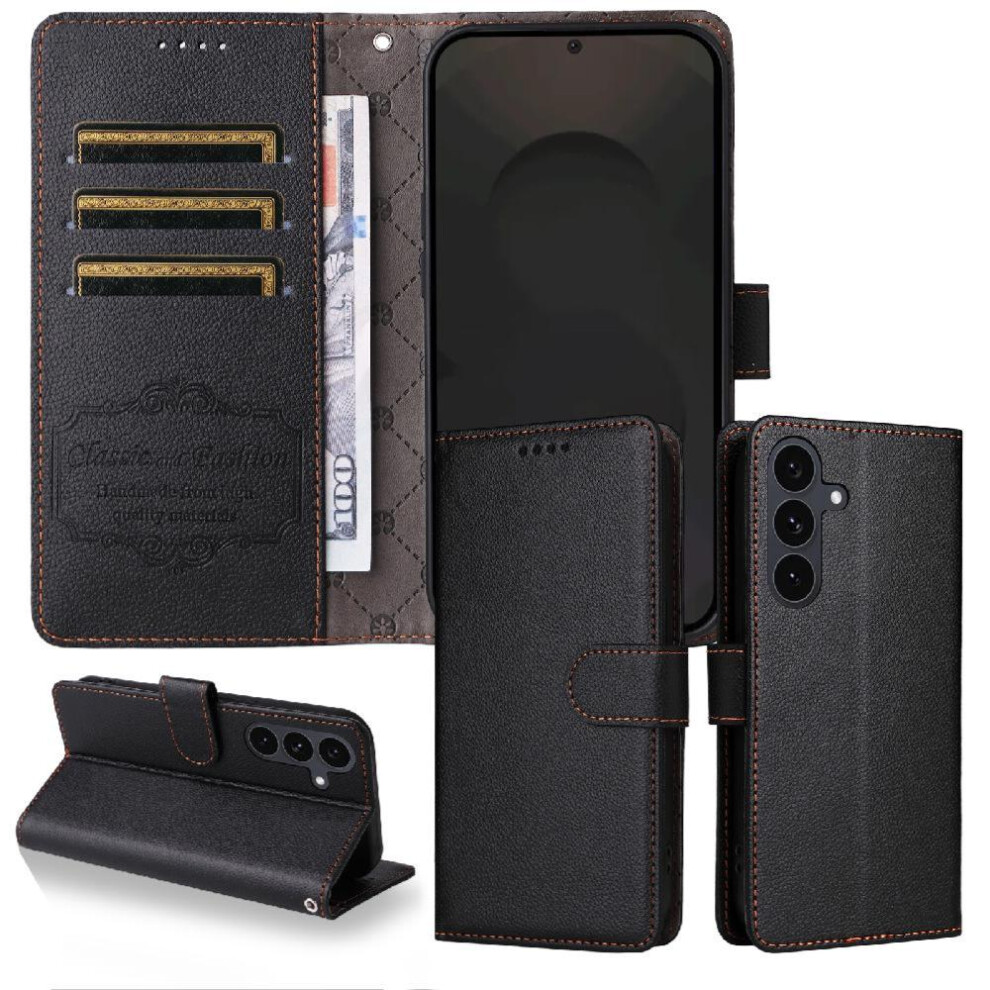 (Black) Flip Case For Samsung Galaxy S25 Fe Crad Slot Wallet Wireless Charging Magnetic Car Mount Black 764563616473