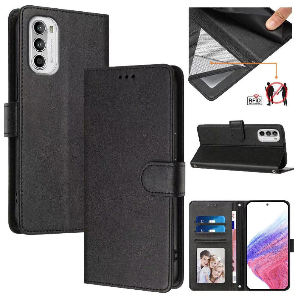 (Black) Classic Style Flip Case For Motorola Moto G52 Card Holder Rfid Blocking Shockproof Wallet Case Magnetic Closure Black 764563616541