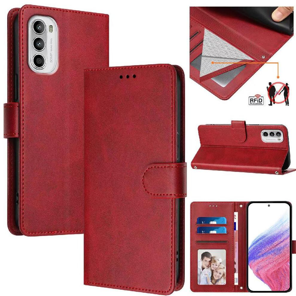 (Red) Classic Style Flip Case For Motorola Moto G52 Card Holder Rfid Blocking Shockproof Wallet Case Magnetic Closure Red 764563616558