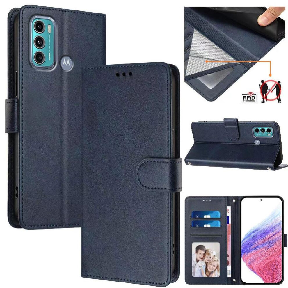 (Blue) Classic Style Flip Case For Motorola Moto G60 Wallet Case Magnetic Closure Card Holder Rfid Blocking Shockproof Blue 764563616916