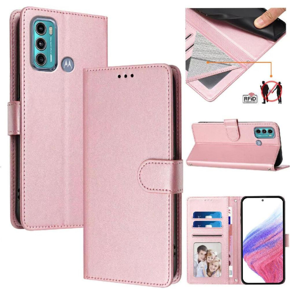 (Pink) Classic Style Flip Case For Motorola Moto G60 Wallet Case Magnetic Closure Card Holder Rfid Blocking Shockproof Pink 764563616930