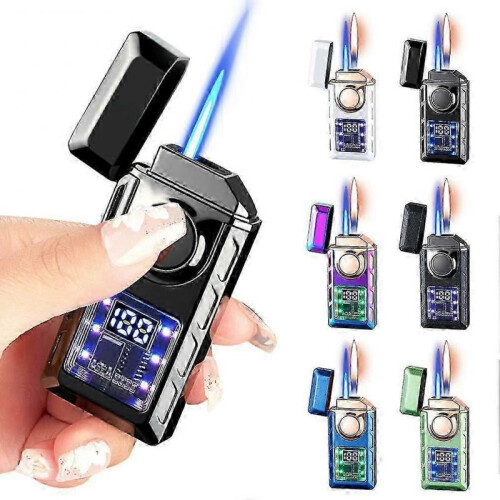 (Luminous White) Double Fire Windproof Lighter with Colored Lights Digital Display Intelligent Induction Direct Flames Lighter