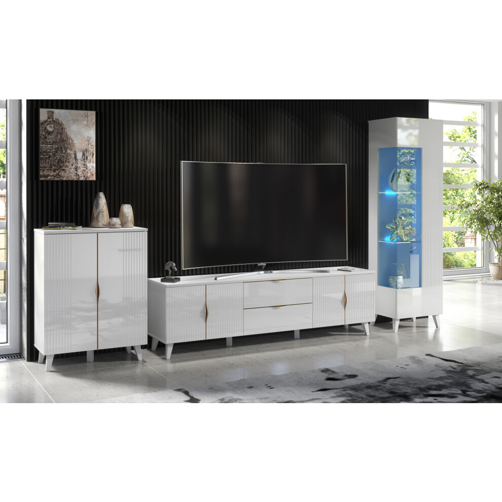 (Blue LED Lights ) High Gloss & Matt White Living Room Set TV Stand Display Cabinet Sideboard Azzurro10/12/14 LED Lights