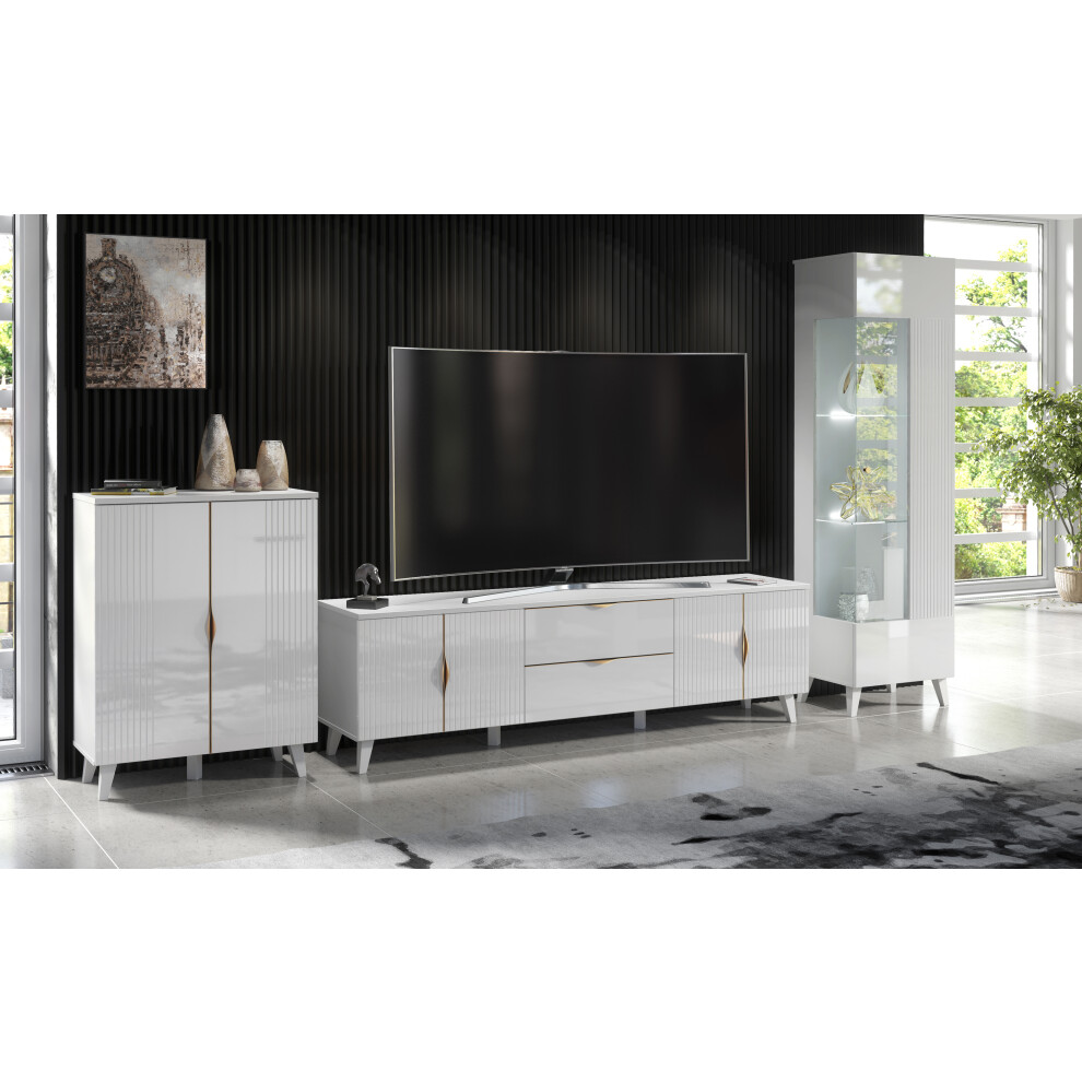 (White LED Lights) High Gloss & Matt White Living Room Set TV Stand Display Cabinet Sideboard Azzurro10/12/14 LED Lights