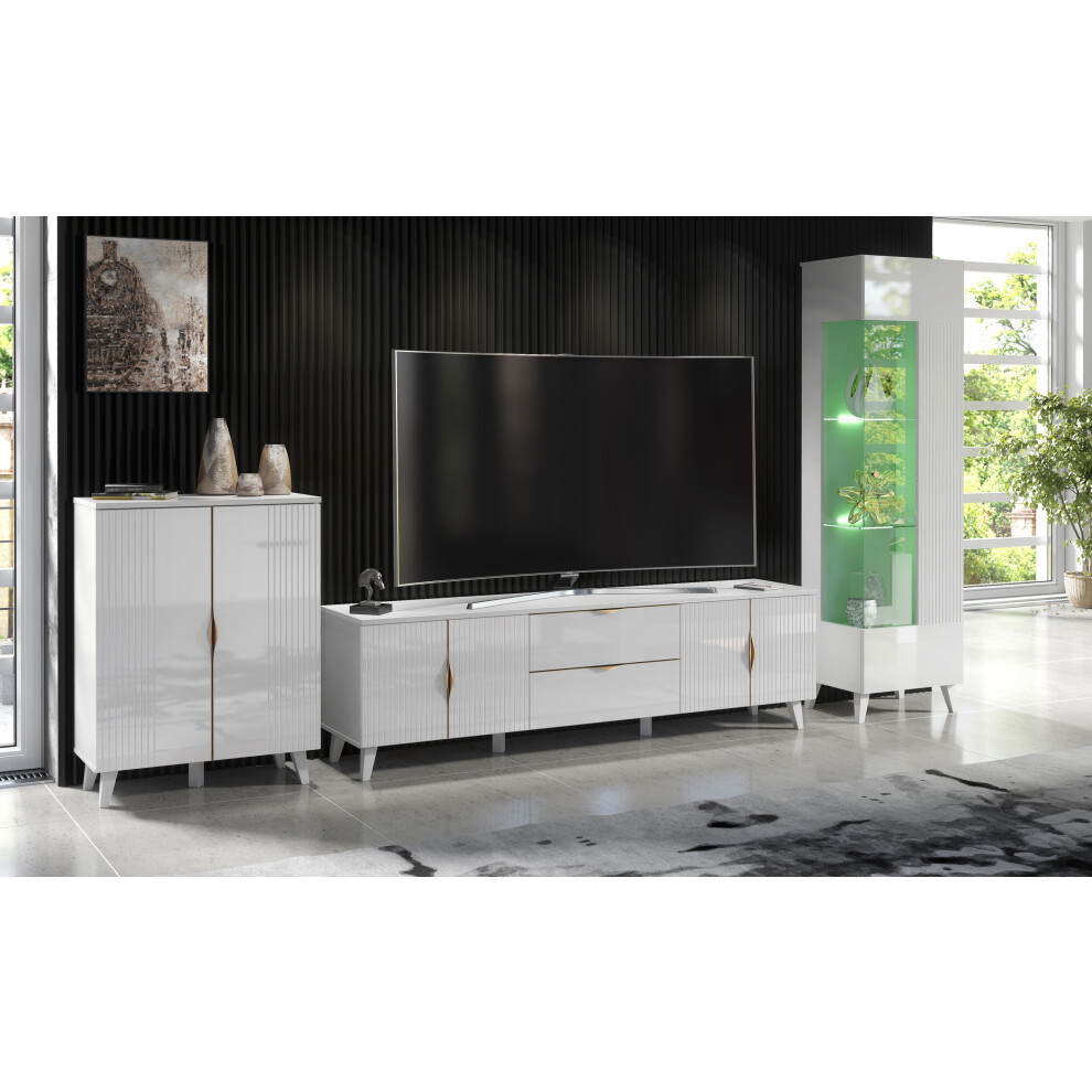 (RGB (multicoloured) LED Lights) High Gloss & Matt White Living Room Set TV Stand Display Cabinet Sideboard Azzurro10/12/14 LED Lights