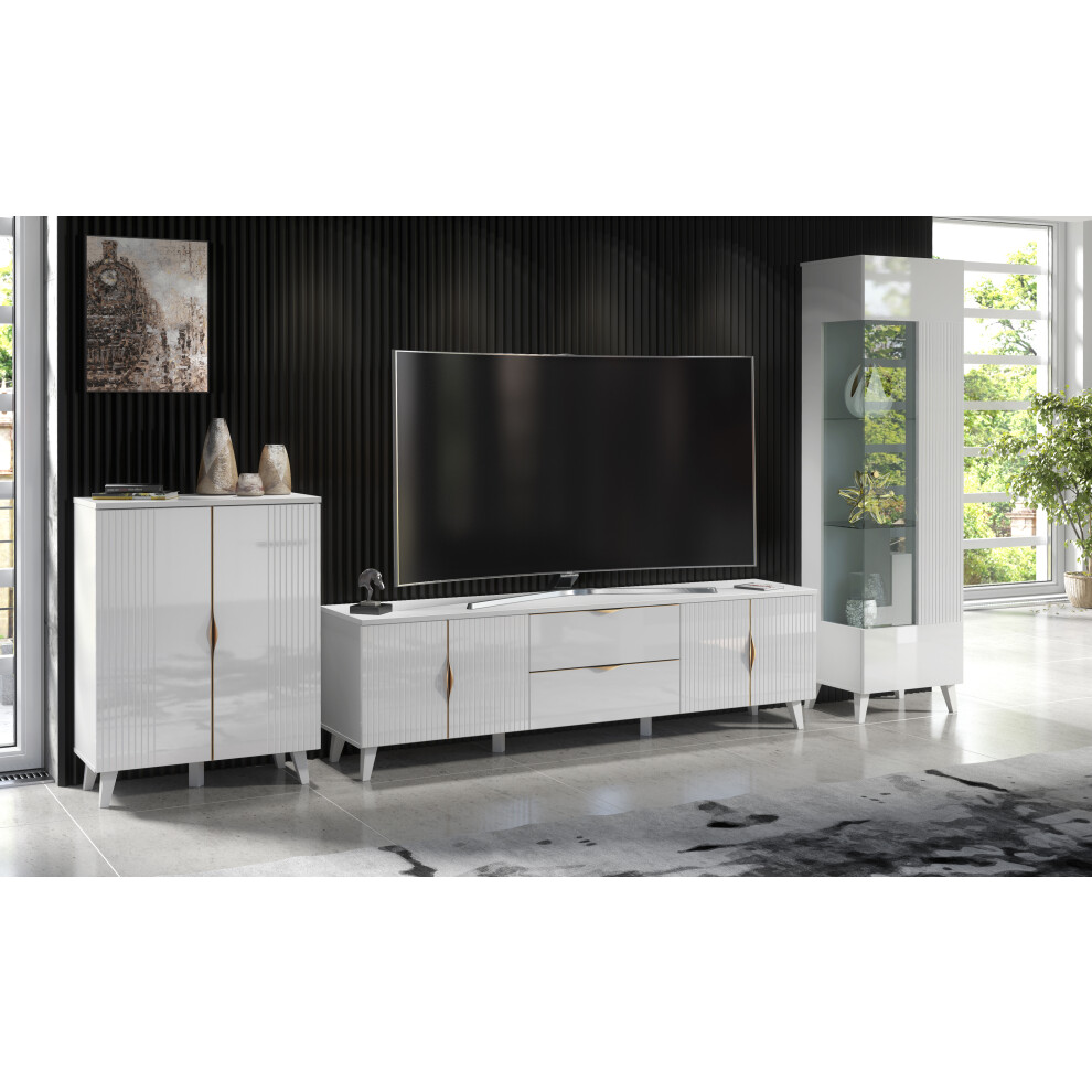 (No LED Lights ) High Gloss & Matt White Living Room Set TV Stand Display Cabinet Sideboard Azzurro10/12/14 LED Lights
