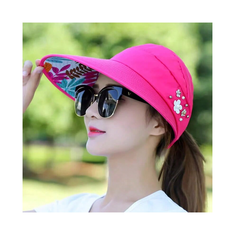 (rosered flower) Summer Sun Protection Folding Sun Hat For Women Wide Brim Cap Ladies Beach Visor Hat Girl Holiday UV Protection Sun Hat