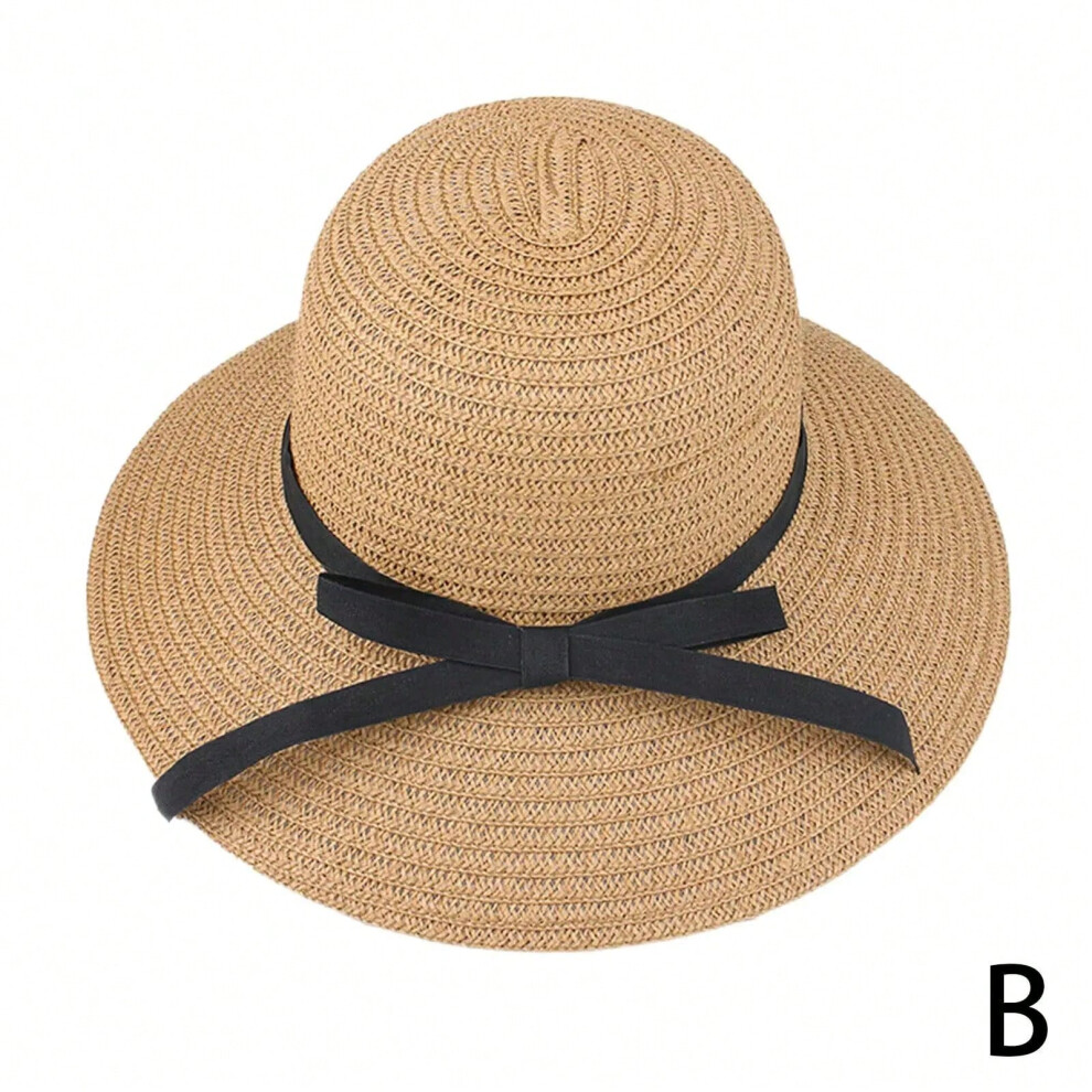 (B) Summer Straw Hat Big Wide Brim Foldable Beach Sun Hat Straw Floppy Sun Block UV Protection Hat Ladies Outdoor Travel Straw Hat