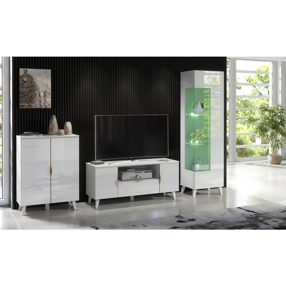 (RGB (multicoloured) LED Lights) White Living Room Set High Gloss & Matt TV Stand Display Cabinet Sideboard Azzurro8/12/14 LED Lights