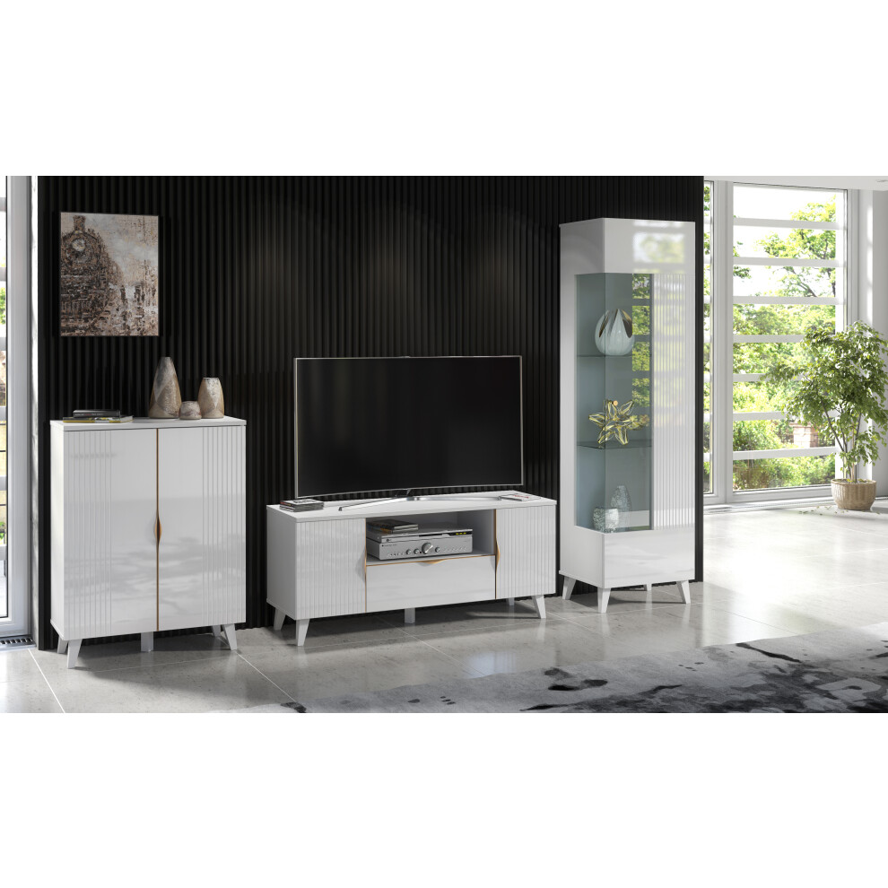 (No LED Lights ) White Living Room Set High Gloss & Matt TV Stand Display Cabinet Sideboard Azzurro8/12/14 LED Lights