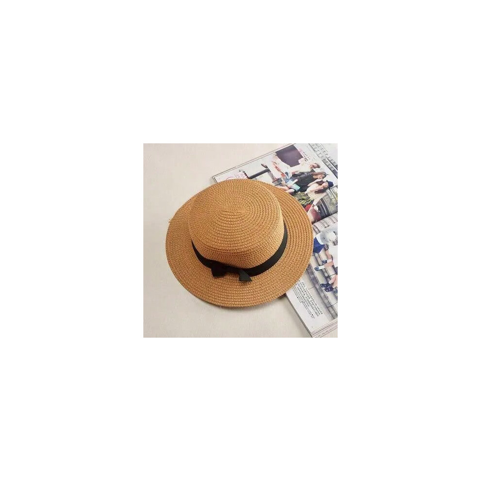 (khaki 1, 56-58cm) COKK Panama Simple Summer Beach Hat Female Casual Lady Women Flat Brim Bowknot Straw Cap Girls Sun Hat Chapeu Feminino
