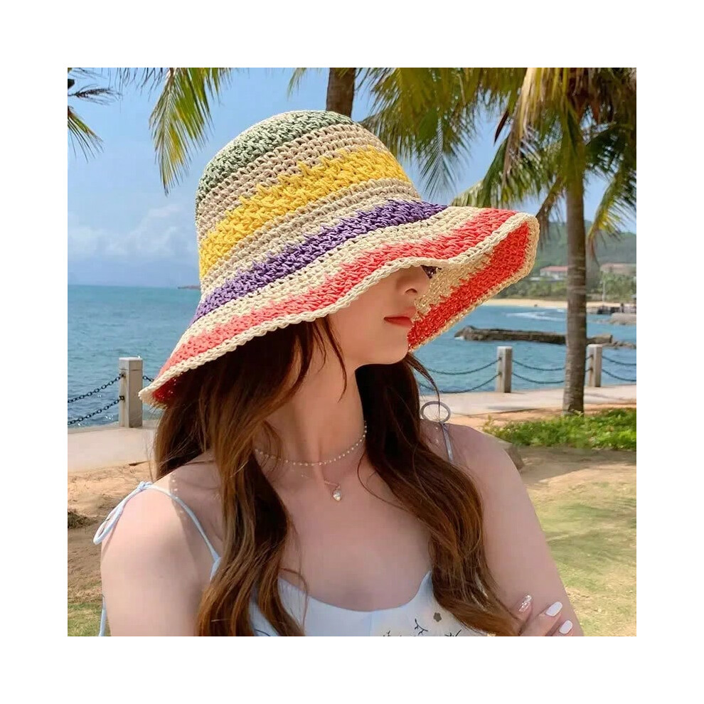 (Rainbow beige) Rainbow Straw Hat Woman Summer Sun Visor Handmade Crochet Big Brim Bucket Hat Ladies Beach Sun Cap Boho Lady Girls Fashion Caps