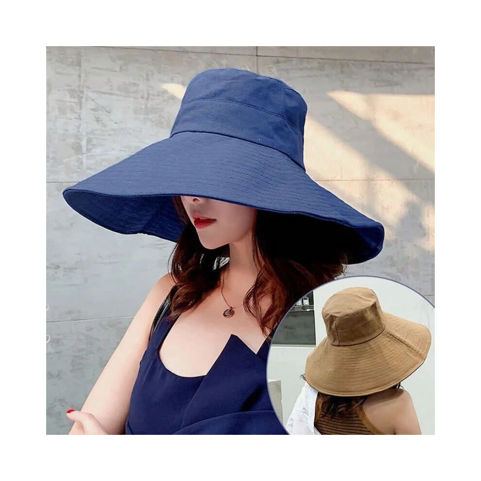 (navy blue, Adjustable 54-59cm) Japanese Sunshade Female Spring and Summer Sunscreen Free To Fold Big Brim Sun Hat Fisherman Hat Cover Face Oversized Hair