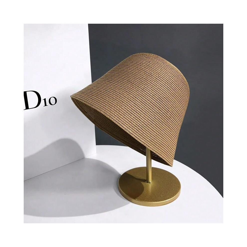 (Khaki, One Size) Ladies Summer All-match Shade Straw Hat Holiday Cool Hat Seaside Beach Fisherman Hat Foldable Japanese Bell-shaped Pot Hat Femal