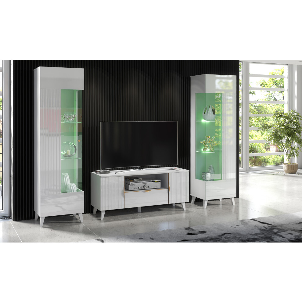 (RGB (multicoloured) LED Lights) White Living Room Set High Gloss & Matt TV Stand Display Cabinets Azzurro8/12 LED Lights