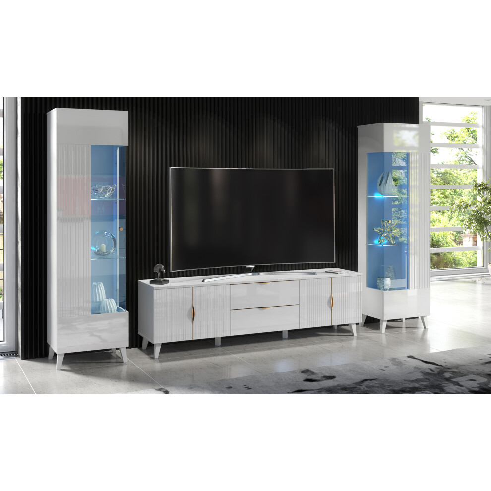 (Blue LED Lights) White Living Room Set High Gloss & Matt TV Stand Display Cabinets Azzurro10/12 LED Lights