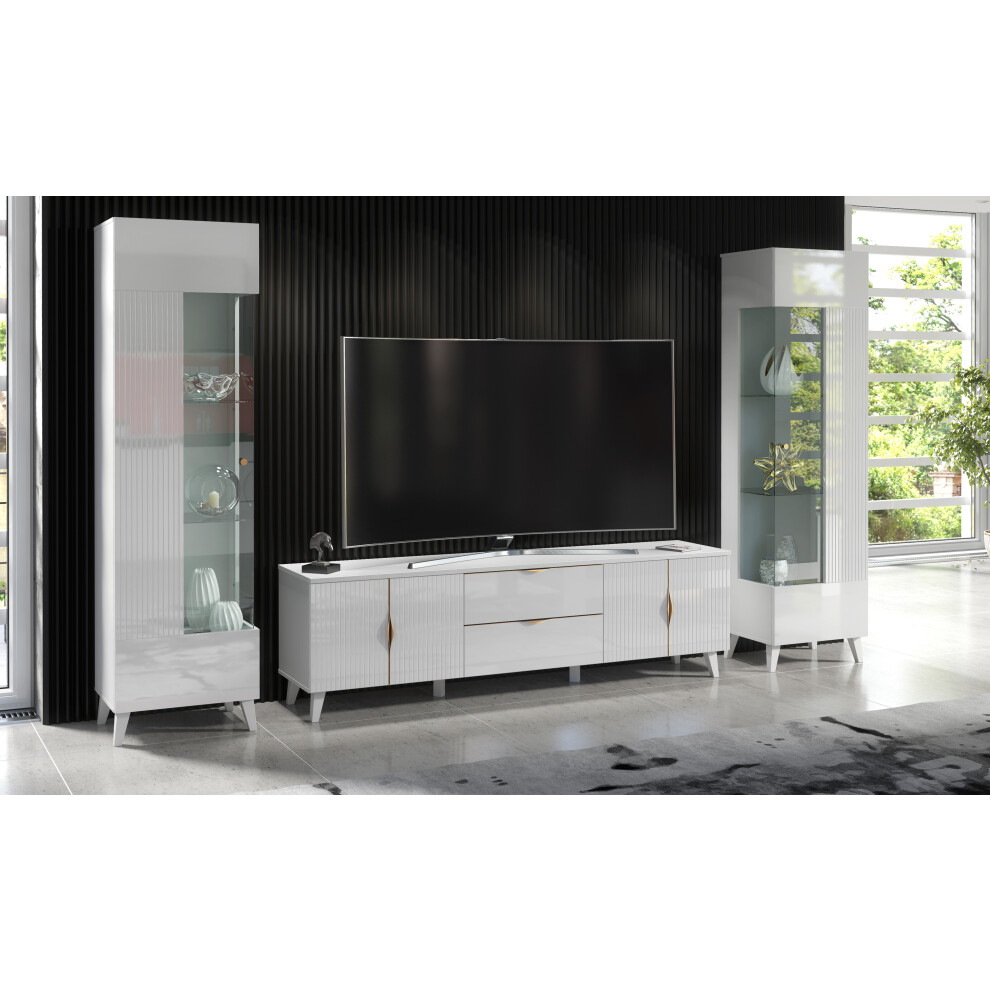 (No LED Lights) White Living Room Set High Gloss & Matt TV Stand Display Cabinets Azzurro10/12 LED Lights