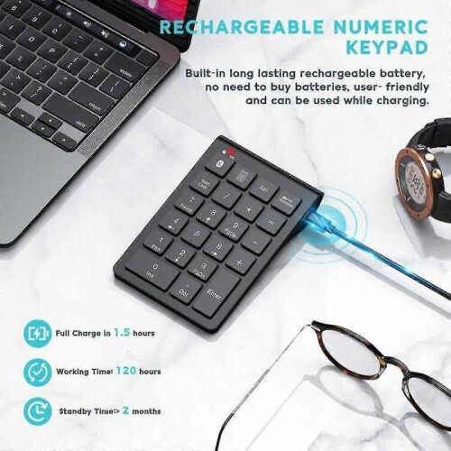 Wireless Bluetooth Number Keypad, 22-keys Portable Slim Numeric Pad for Laptop Computer, Pc, Deskto 2