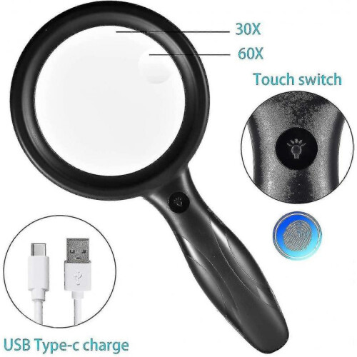 Reading Magnifier Magnifier with Light 33 Led, 30x 60x Magnifier Usb Charging 2