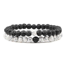 (6mm white-lava) Set Bracelet Couples Distance Black White Natural Lava Stone Tiger Eye Beaded Yoga Bracelets For Men Women Elastic Rope Jewelry