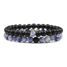 (6mm Matte-whiteblue) Set Bracelet Couples Distance Black White Natural Lava Stone Tiger Eye Beaded Yoga Bracelets For Men Women Elastic Rope Jewelry