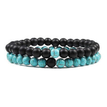 (6mm Matte-blue) Set Bracelet Couples Distance Black White Natural Lava Stone Tiger Eye Beaded Yoga Bracelets For Men Women Elastic Rope Jewelry