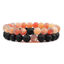 (8mm black orange) Set Bracelet Couples Distance Black White Natural Lava Stone Tiger Eye Beaded Yoga Bracelets For Men Women Elastic Rope Jewelry