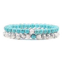 (6mm white-blue) Set Bracelet Couples Distance Black White Natural Lava Stone Tiger Eye Beaded Yoga Bracelets For Men Women Elastic Rope Jewelry