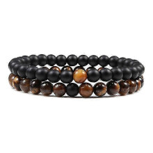 (6mm Matte-tiger eye) Set Bracelet Couples Distance Black White Natural Lava Stone Tiger Eye Beaded Yoga Bracelets For Men Women Elastic Rope Jewelry