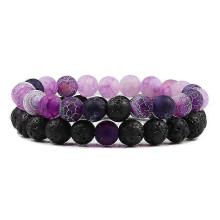 (8mm black purple) Set Bracelet Couples Distance Black White Natural Lava Stone Tiger Eye Beaded Yoga Bracelets For Men Women Elastic Rope Jewelry