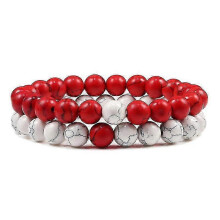(8mm white red) Set Bracelet Couples Distance Black White Natural Lava Stone Tiger Eye Beaded Yoga Bracelets For Men Women Elastic Rope Jewelry