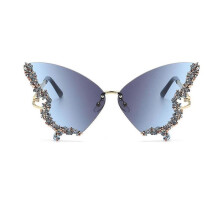 (Blue Grey) Luxury Diamond Butterfly Sunglasses Women Vintage Rimless Oversized Rhinestone Bling Sun Glasses