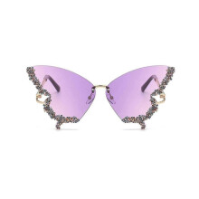 (Purple) Luxury Diamond Butterfly Sunglasses Women Vintage Rimless Oversized Rhinestone Bling Sun Glasses