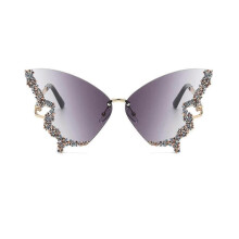 (Grey) Luxury Diamond Butterfly Sunglasses Women Vintage Rimless Oversized Rhinestone Bling Sun Glasses